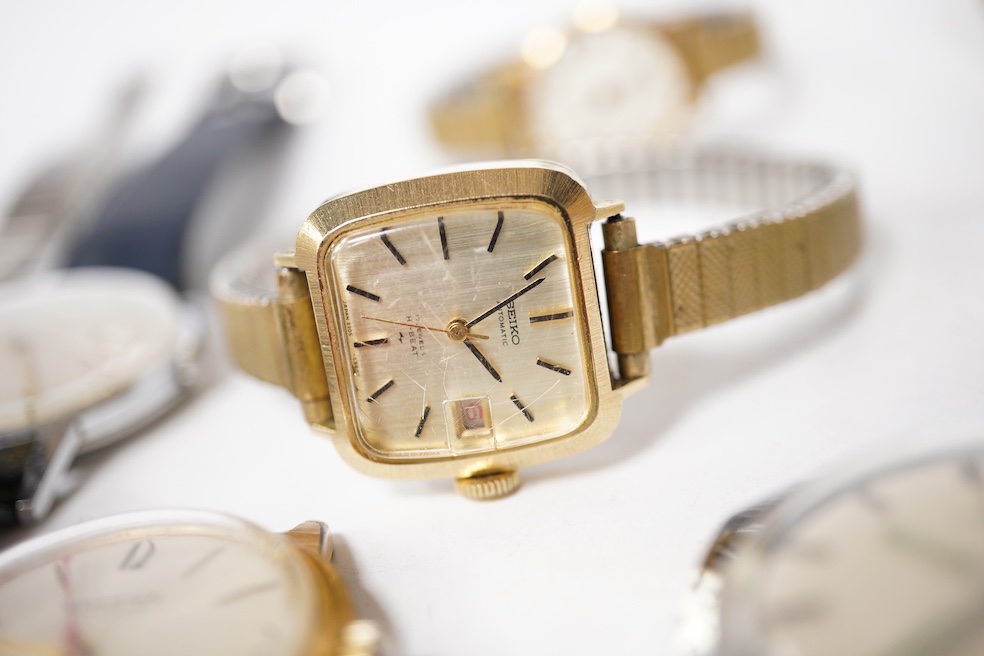 A collection of seven gentleman's assorted mainly steel wrist watches including two Tissot, a Timex, Ingersoll, Montine, Kingston and Sekonda, together with six assorted lady's mainly steel wrist watches including Seiko,
